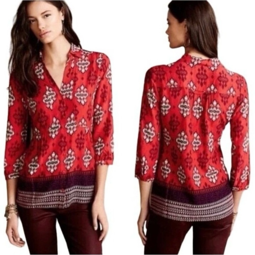 MAEVE Woodland Walk Button Front Southwestern Lightweight 3/4 Sleeve Top, Size 4